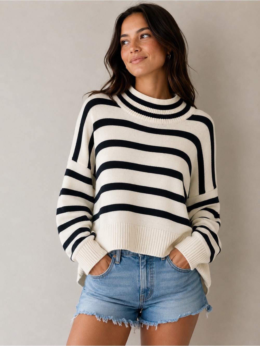 a new day Cream and Black Striped Crewneck Sweater